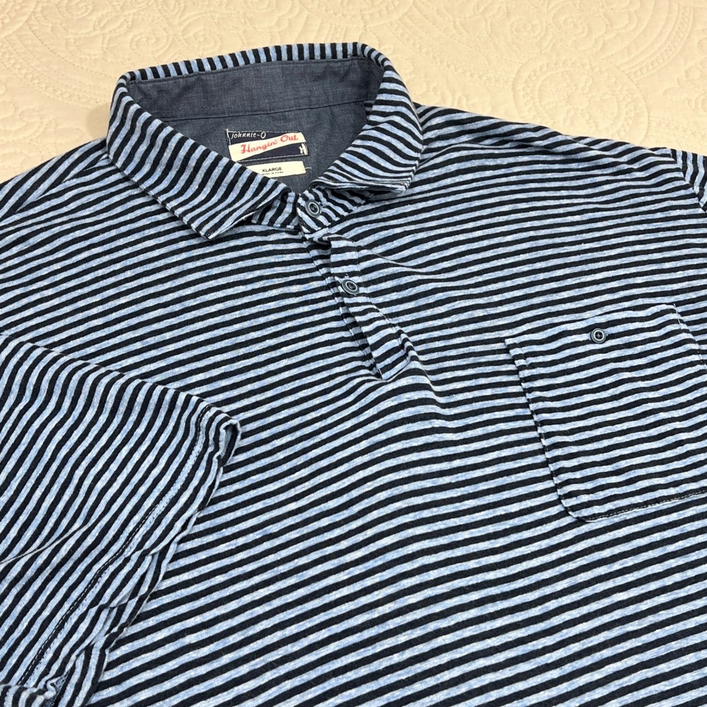 Johnnie-O Hangin Out Mens XL Polo Shirt Blue Navy Striped Linen Cotton Blend